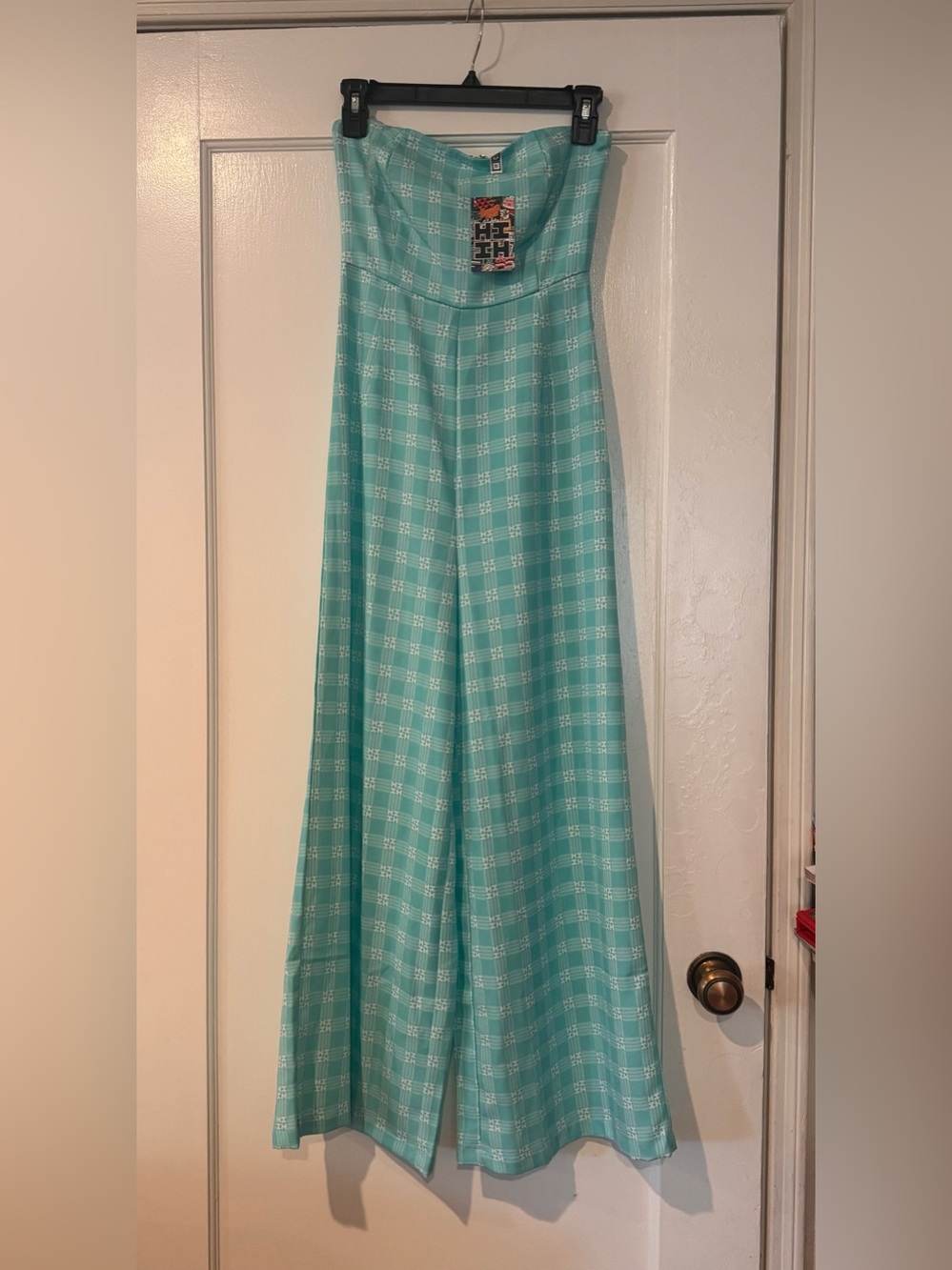 Hawaii's Finest Aqua Plaid Strapless Jumpsuit